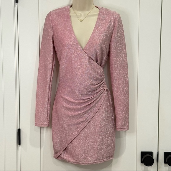 Superdown Laurie Wrap Mini Dress Ruched Long Sleeve Bodycon Pink Sparkle Small - Picture 2 of 10